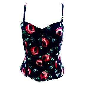 Vintage ESPRIT Black Velvet Floral Corset Bustier Crop Top Y2K Fairy Core